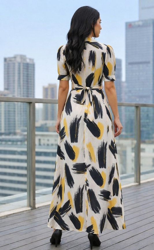 Abstract Brush Print Belted Shirt Maxi Dress