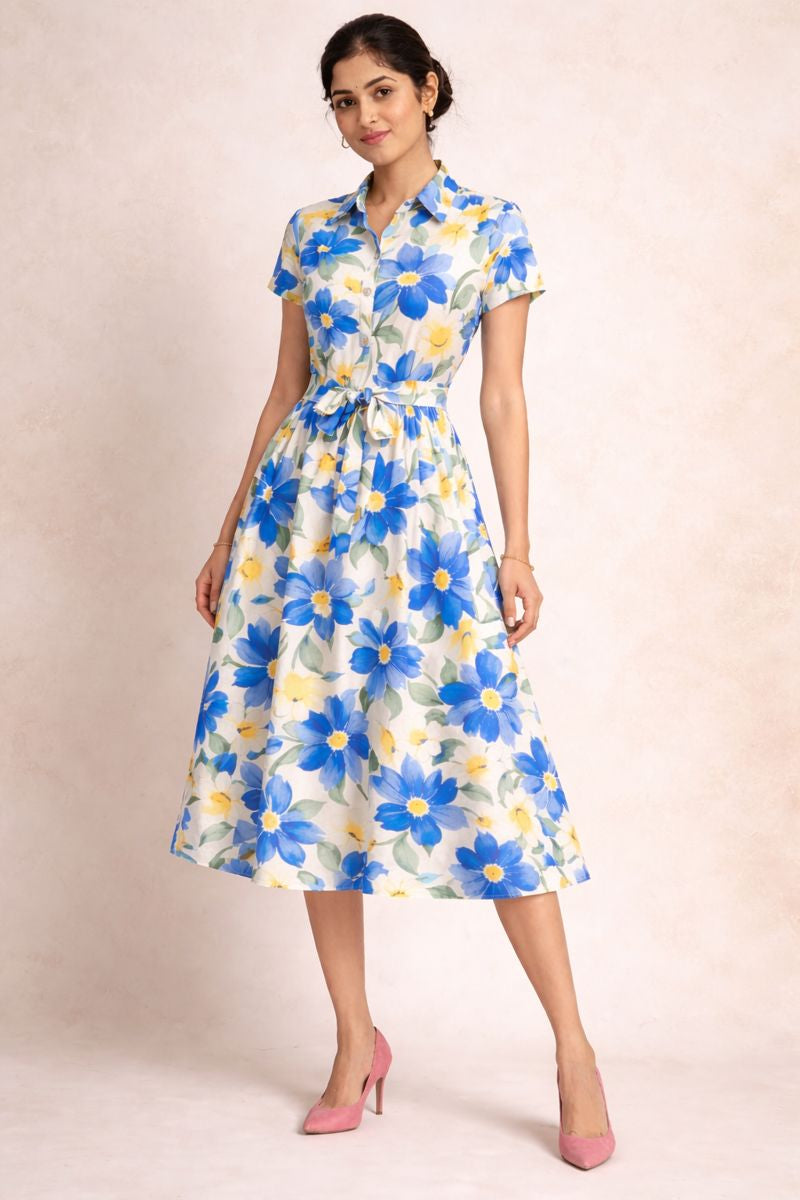 Blue & Yellow Floral Print Midi Shirt Dress