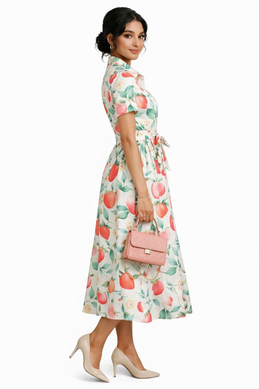Strawberry Print Midi Shirt Dress