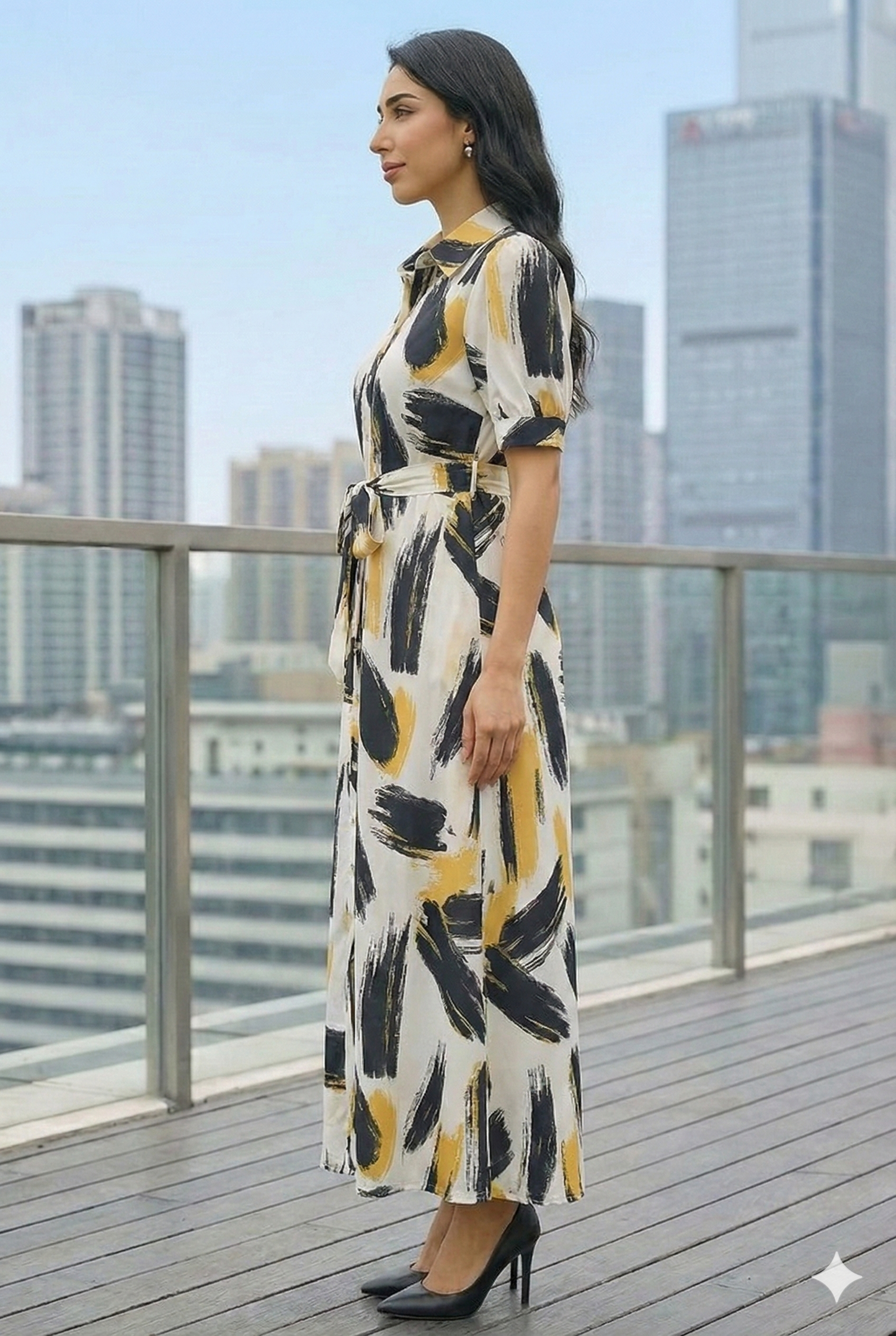 Abstract Brush Print Belted Shirt Maxi Dress