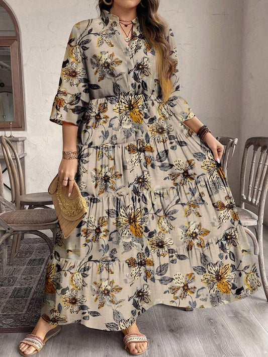 Wnayara Floral Tiered Midi Dress with 3/4 Sleeves