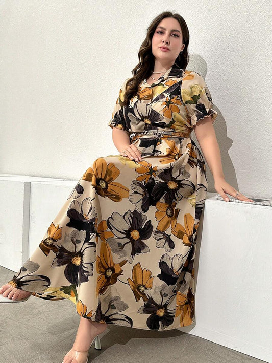 Earth-Tone Floral Print Midi Dress with Waist Tie