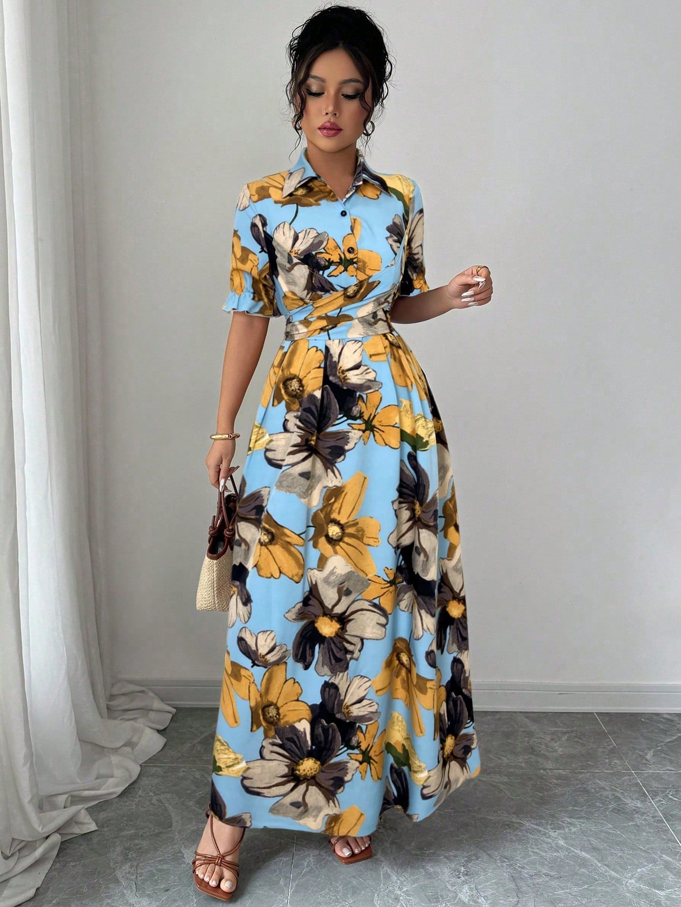 Floral Print Maxi Shirt Dress with Defined Waist