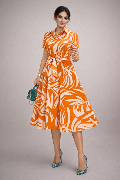 Abstract Leaf Rayon Print Midi Shirt Dress