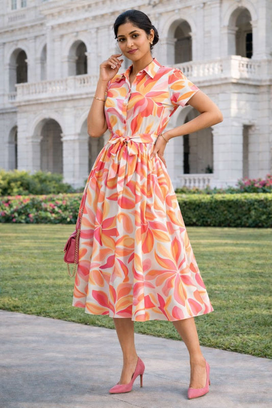 Abstract Floral Print Belted Midi Shirt Dress