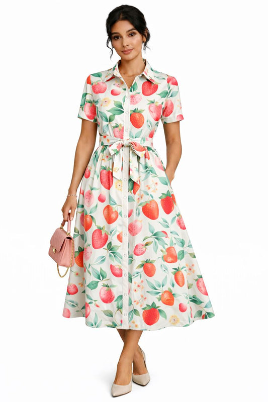 Strawberry Print Midi Shirt Dress