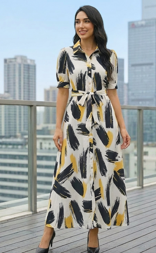 Abstract Brush Print Belted Shirt Maxi Dress