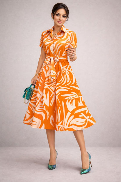 Abstract Leaf Rayon Print Midi Shirt Dress