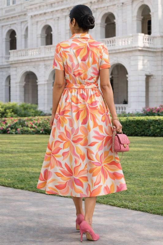 Abstract Floral Print Belted Midi Shirt Dress