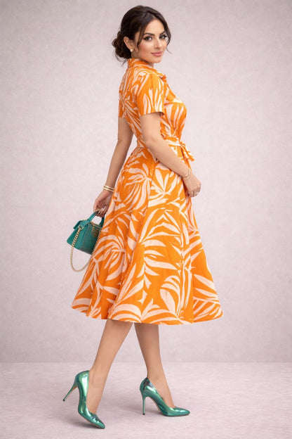 Abstract Leaf Rayon Print Midi Shirt Dress