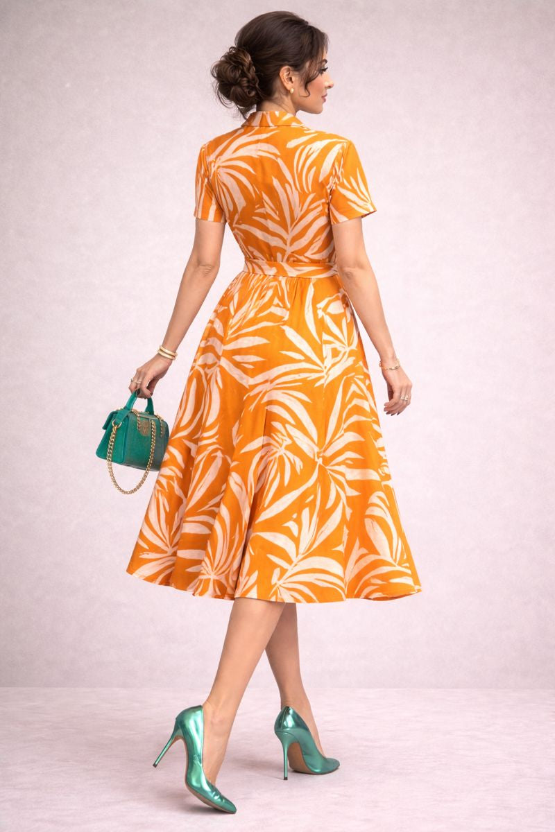 Abstract Leaf Rayon Print Midi Shirt Dress