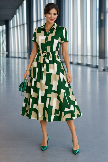 Geometric Print Midi Shirt Dress with Waist Tie
