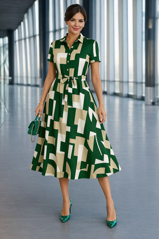 Geometric Print Midi Shirt Dress with Waist Tie