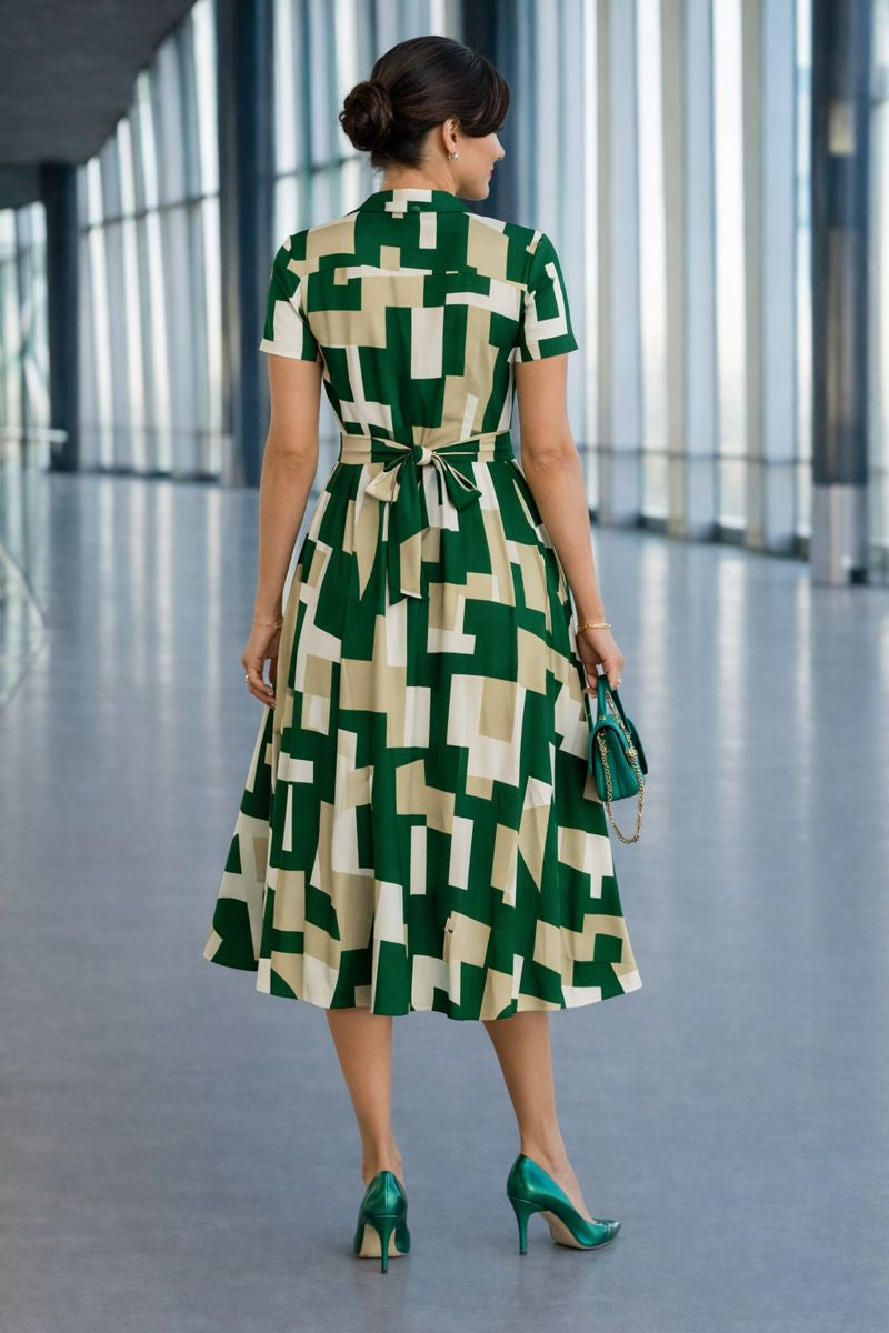 Geometric Print Midi Shirt Dress with Waist Tie