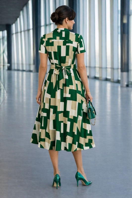 Geometric Print Midi Shirt Dress with Waist Tie