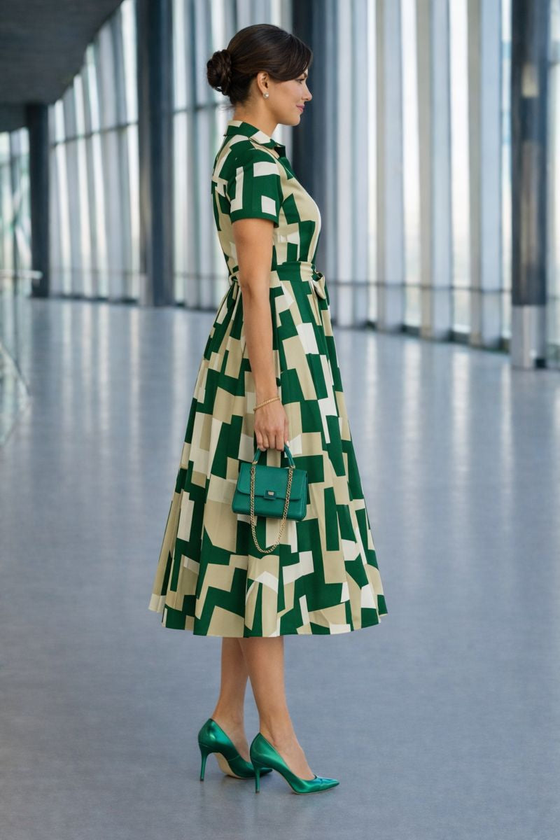 Geometric Print Midi Shirt Dress with Waist Tie