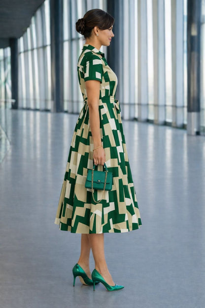 Geometric Print Midi Shirt Dress with Waist Tie