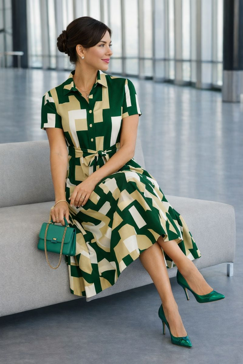 Geometric Print Midi Shirt Dress with Waist Tie