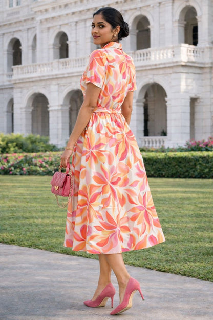Abstract Floral Print Belted Midi Shirt Dress