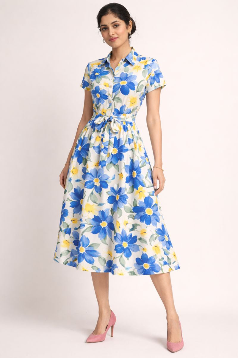 Blue & Yellow Floral Print Midi Shirt Dress