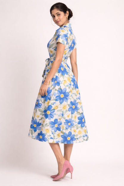 Blue & Yellow Floral Print Midi Shirt Dress