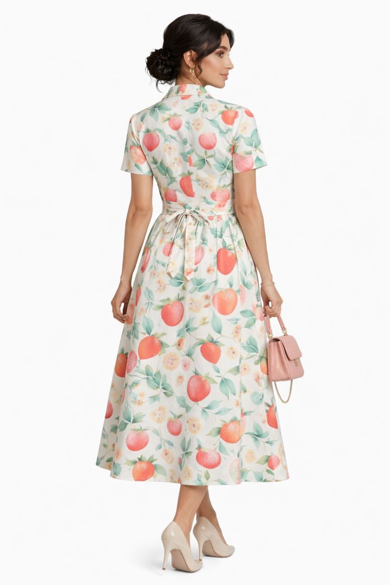 Strawberry Print Midi Shirt Dress