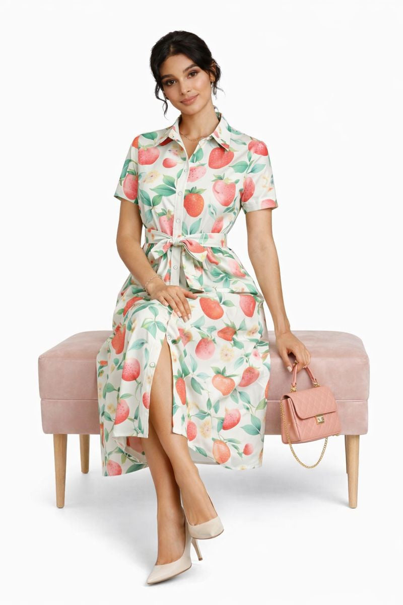 Strawberry Print Midi Shirt Dress