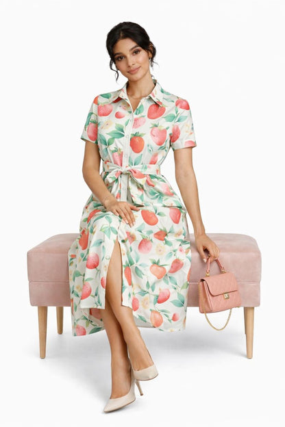 Strawberry Print Midi Shirt Dress
