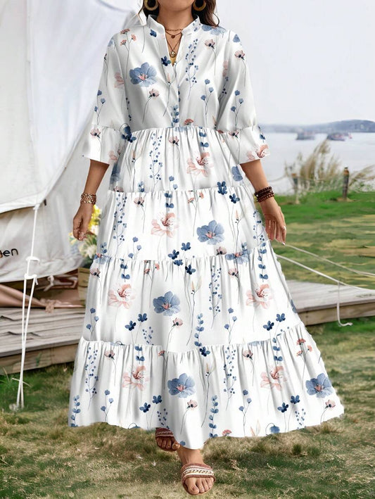 Floral Tiered Midi Dress with 3/4 Sleeves