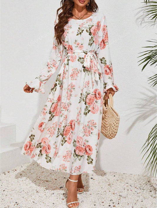 Rose Floral Print Long Sleeve Midi Dress