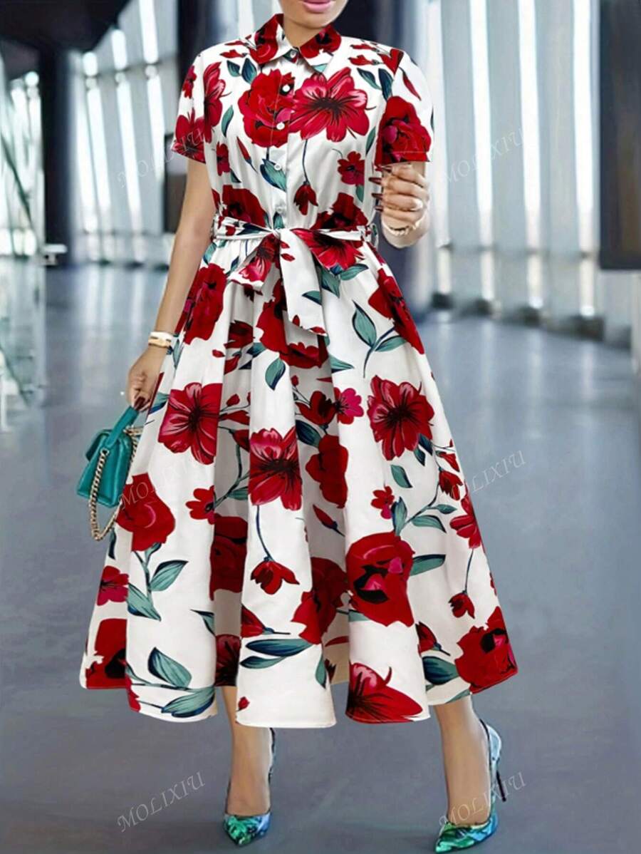 Red Floral Print Midi Shirt Dress