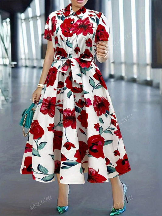 Red Floral Print Midi Shirt Dress
