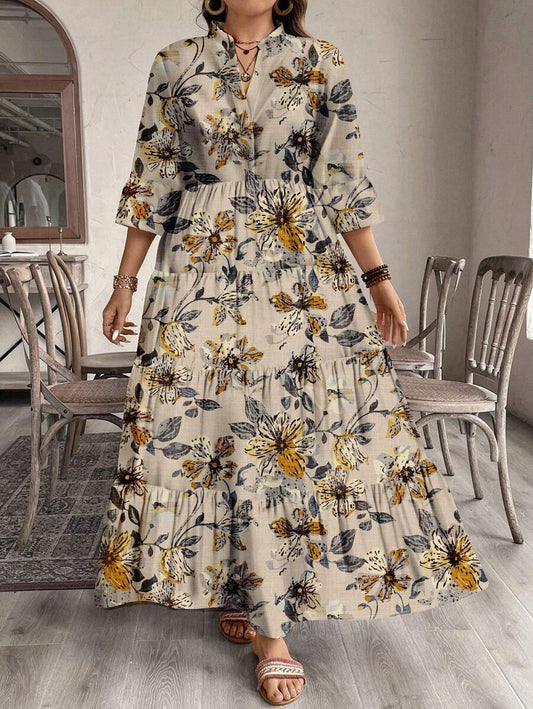 Wnayara Floral Tiered Midi Dress with 3/4 Sleeves