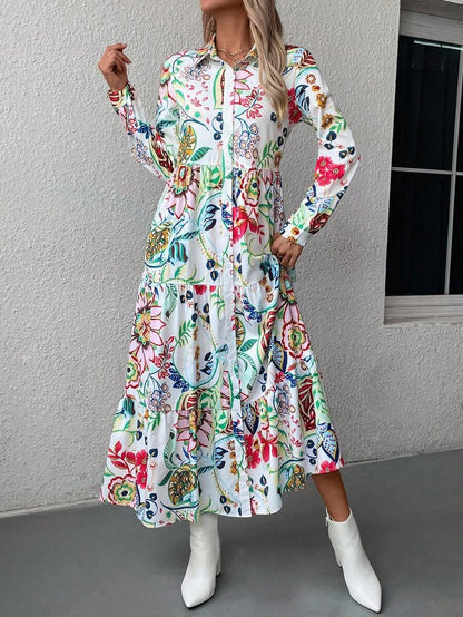 Multi Floral Print Tiered Midi Shirt Dress