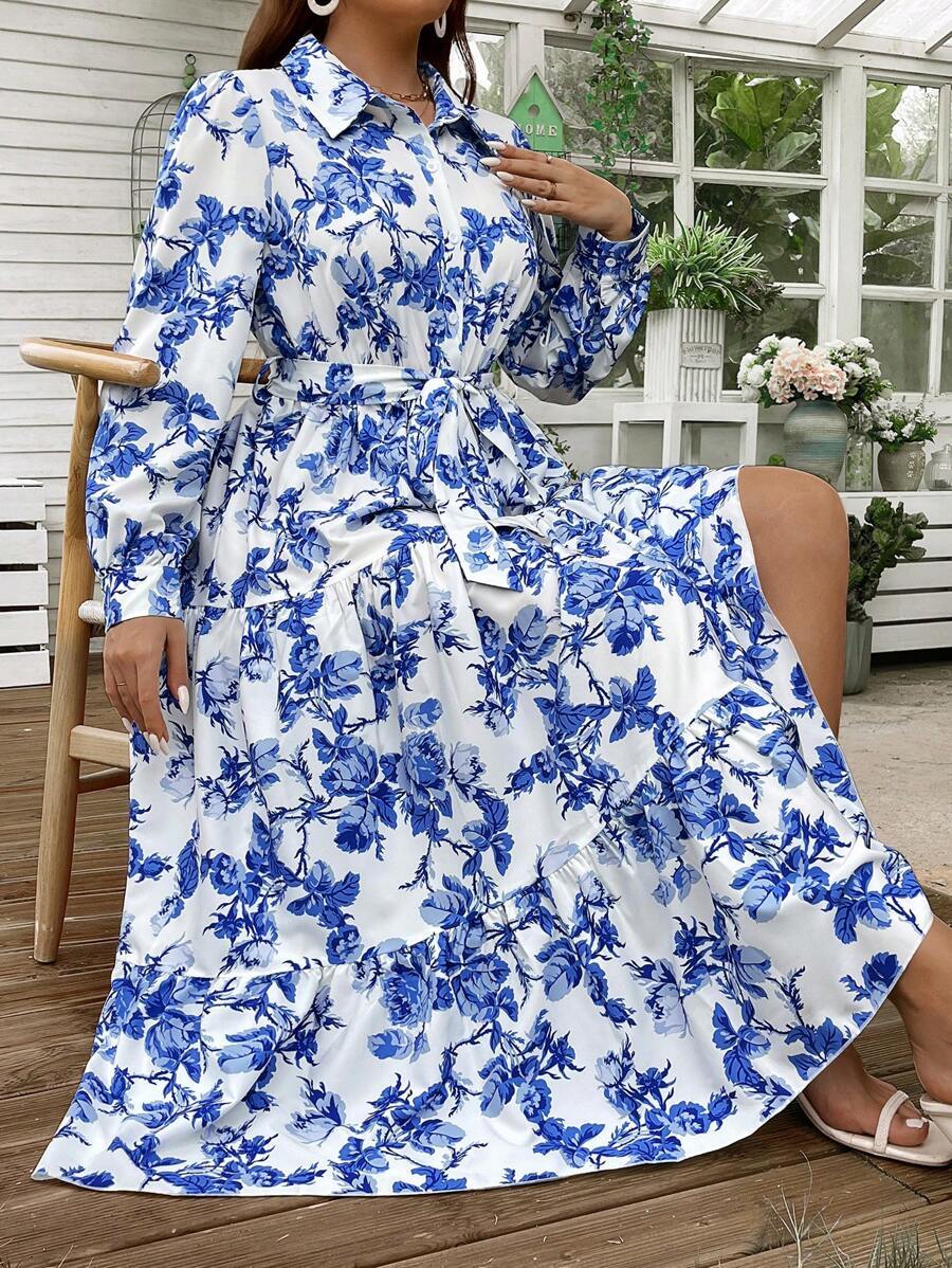Blue Floral Print Tiered Midi Shirt Dress