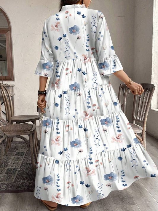 Floral Tiered Midi Dress with 3/4 Sleeves