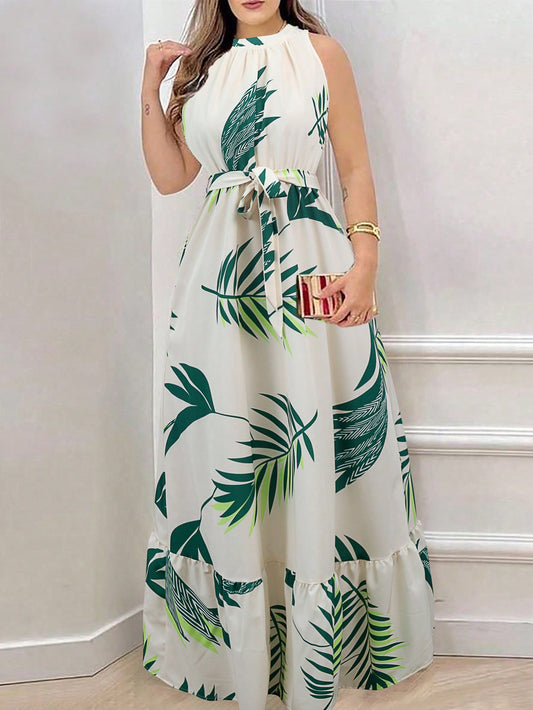 Palm Leaf Print Sleeveless Maxi Dress