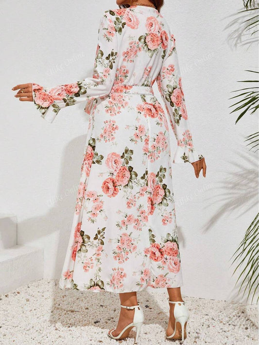 Rose Floral Print Long Sleeve Midi Dress