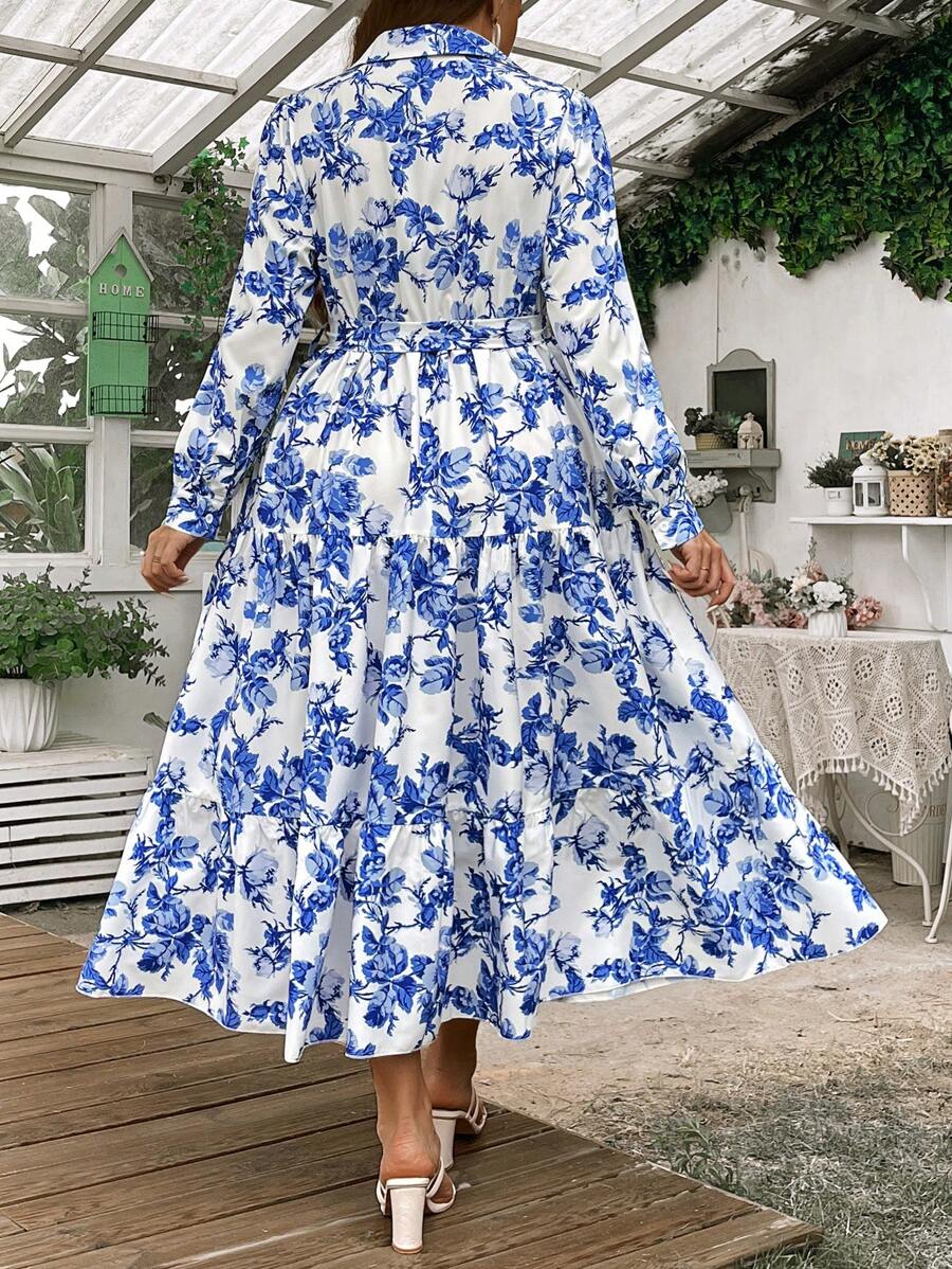 Blue Floral Print Tiered Midi Shirt Dress