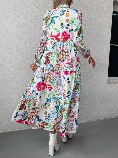 Multi Floral Print Tiered Midi Shirt Dress