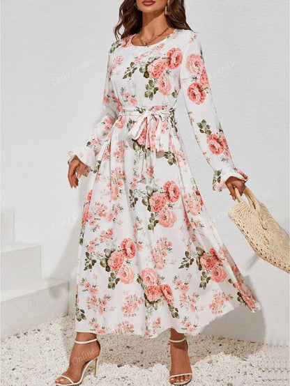 Rose Floral Print Long Sleeve Midi Dress