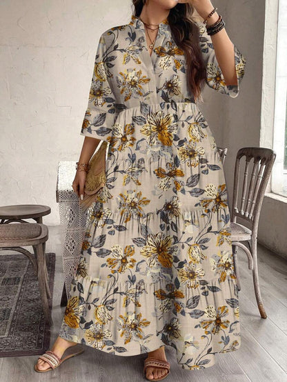 Wnayara Floral Tiered Midi Dress with 3/4 Sleeves