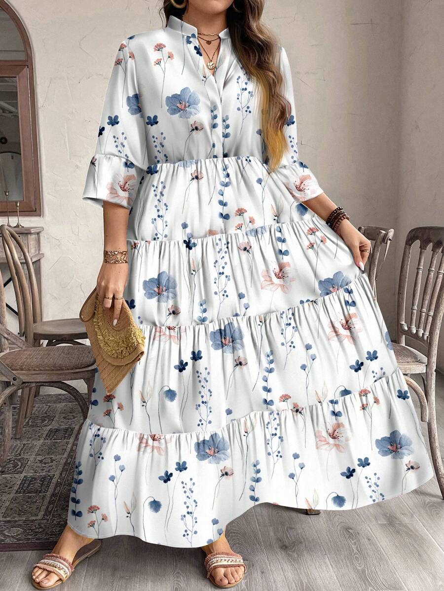Floral Tiered Midi Dress with 3/4 Sleeves