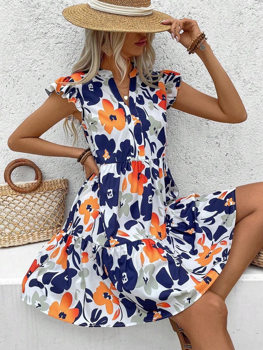 Abstract Floral Rayon Print Tiered Mini Dress