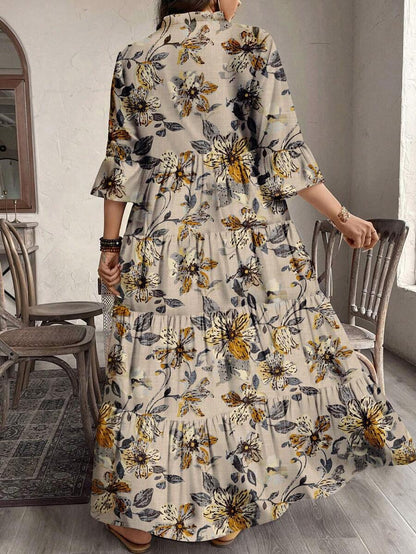 Wnayara Floral Tiered Midi Dress with 3/4 Sleeves