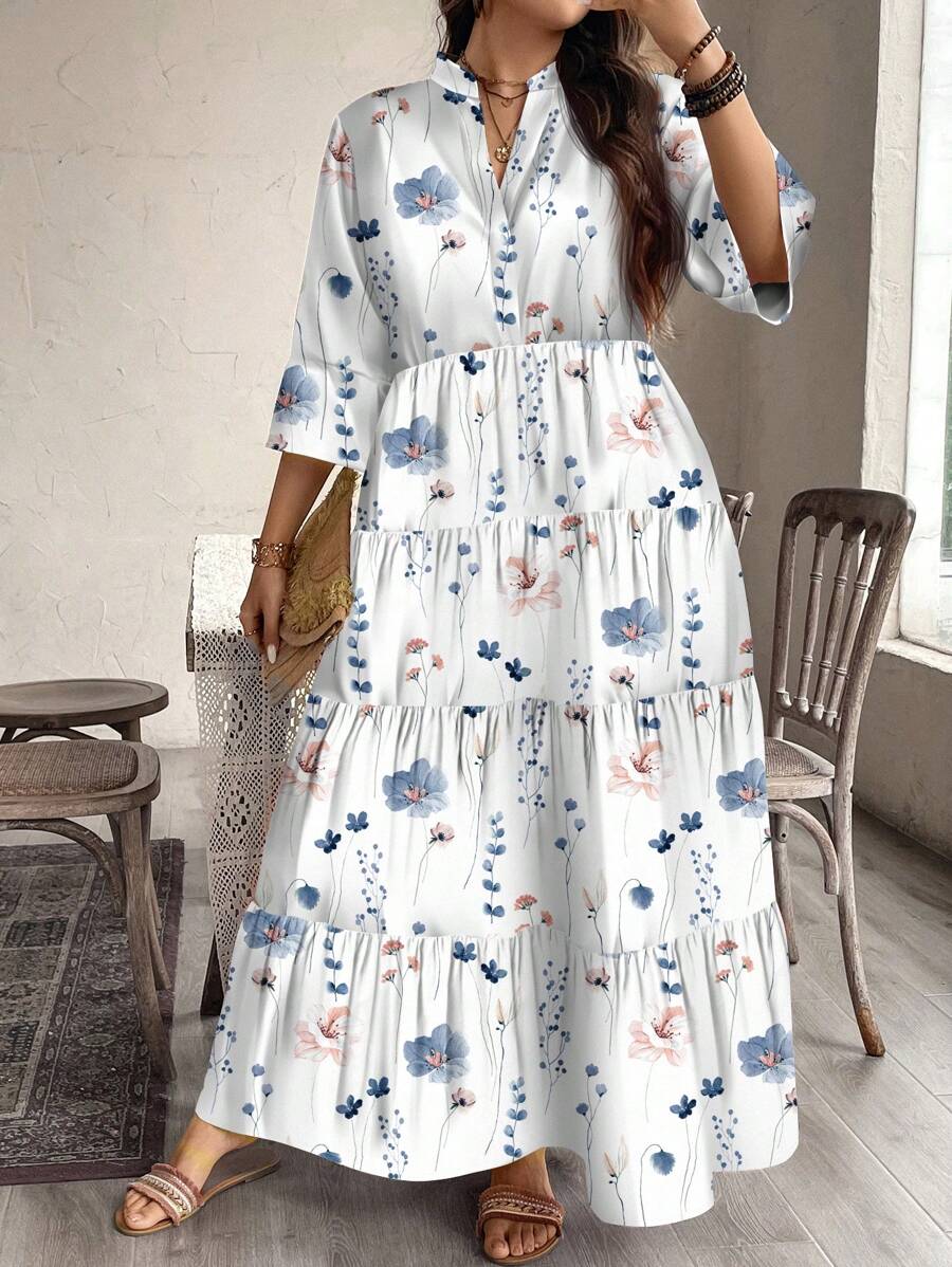 Floral Tiered Midi Dress with 3/4 Sleeves