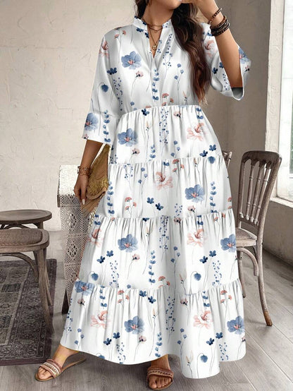 Floral Tiered Midi Dress with 3/4 Sleeves