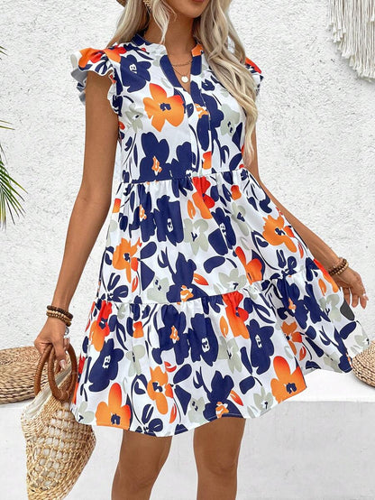 Abstract Floral Rayon Print Tiered Mini Dress