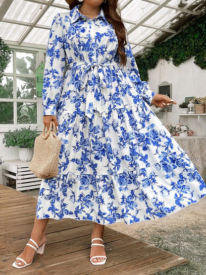 Blue Floral Print Tiered Midi Shirt Dress