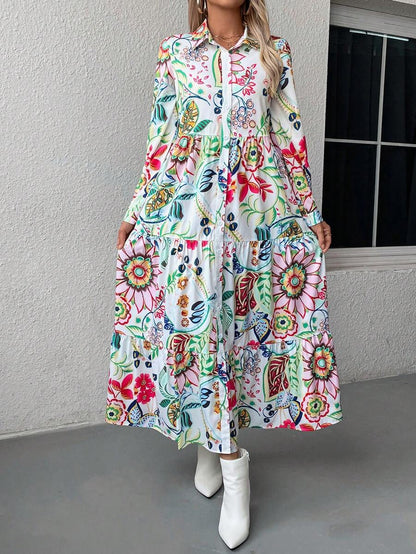 Multi Floral Print Tiered Midi Shirt Dress